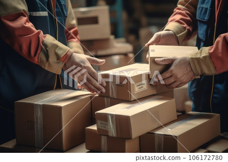 Men's hands while working with parcels at the postal warehouse. 106172780