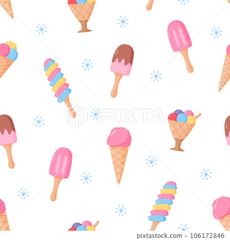 Popsicle ice cream on a stick and in waffle cones. Seamless pattern of summer dessert. Wallpaper background vector illustration. Popsicle ice cream on a stick and in waffle cones. Seamless pattern of summer dessert. Wallpaper background vector illustration. 106172846