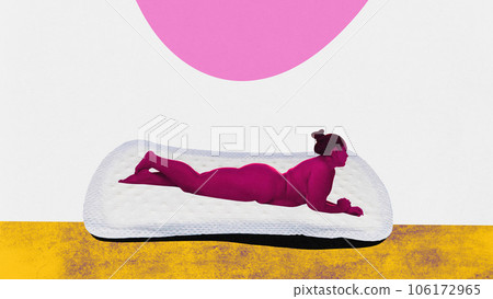 Contemporary art collage. Conceptual image with naked female body, buttoks in pink effect lying o mensrual pad like in bed. Health care Contemporary art collage. Conceptual image with naked female body, buttoks in pink effect lying o mensrual pad like in bed. Health care 106172965
