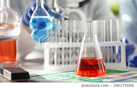 Chemical industry bulb with blue magenta pink liquid 106173088