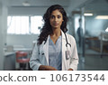 Female indian doctor portrait against medical clinic 106173544