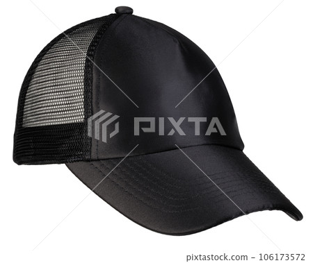 An angled shot of a black sports cap made of mesh, isolated on a white background. Perfect for branding and design mockups. 106173572