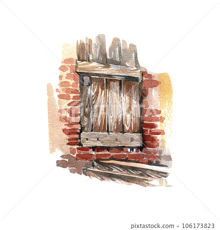 Wood boards covered window on brick wall isolated on white background. Watercolor hand draw illustration. Art for design 106173823