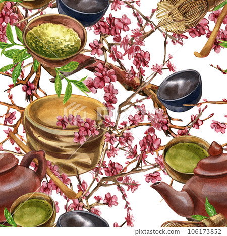 Seamless pattern teapot, bowl, bamboo spoon matcha, whisk, blooming sakura branch isolated on white background. Watercolor hand draw illustration. Art asian design fabric, advertising. Stylish graphic Seamless pattern teapot, bowl, bamboo spoon matcha, whisk, blooming sakura branch isolated on white background. Watercolor hand draw illustration. Art asian design fabric, advertising. Stylish graphic 106173852
