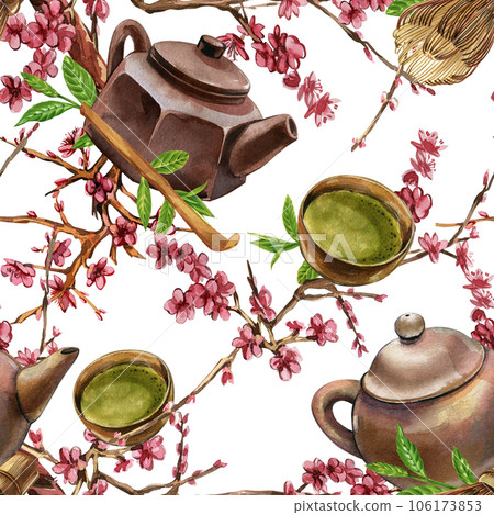 Seamless pattern teapot, bowl, bamboo spoon matcha, whisk, blooming sakura branch isolated on white background. Watercolor hand draw illustration. Art asian design fabric, advertising. Stylish graphic 106173853