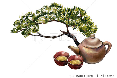 Teapot, bowl with tea and bonsai tree isolated on white background. Watercolor hand drawn illustration. Art for design Teapot, bowl with tea and bonsai tree isolated on white background. Watercolor hand drawn illustration. Art for design 106173862