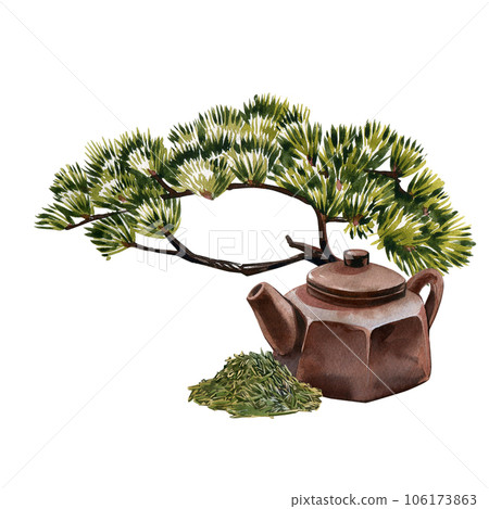 Teapot, heap dray tea and bonsai tree isolated on white background. Watercolor hand drawn illustration. Art for design 106173863