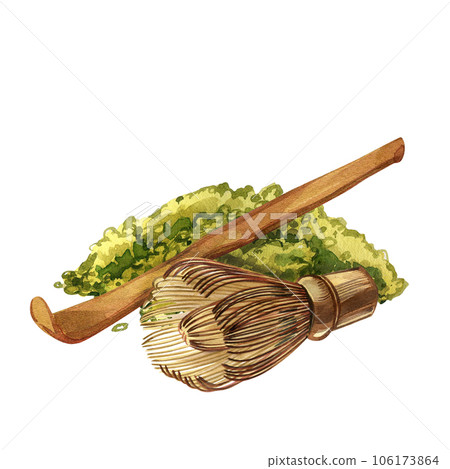 Heap dry matcha tea, bamboo spoon, whisk, tea plant isolated on white. Watercolor hand drawing illustration. Art design 106173864