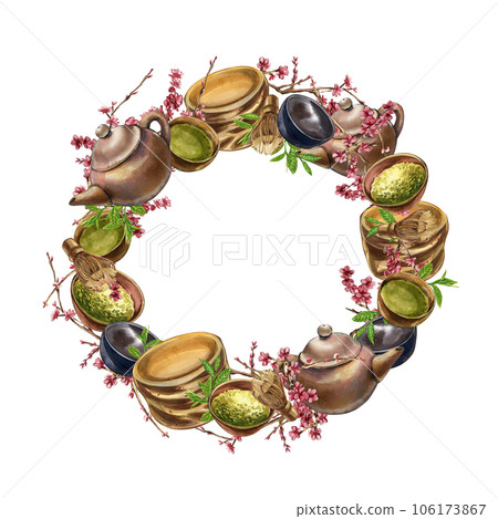 Wreath bowl, matcha tea, teapot, whisk, sakura flowers isolated on white. Watercolor hand drawn illustration. Art design Wreath bowl, matcha tea, teapot, whisk, sakura flowers isolated on white. Watercolor hand drawn illustration. Art design 106173867