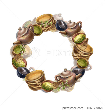 Wreath bowl, matcha, teapot, bamboo whisk, tea plant isolated on white. Watercolor hand drawing illustration. Art design 106173868