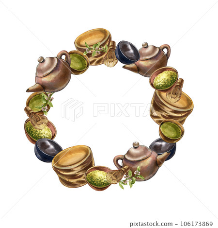 Wreath bowl, matcha, teapot, bamboo whisk, tea plant isolated on white. Watercolor hand drawing illustration. Art design Wreath bowl, matcha, teapot, bamboo whisk, tea plant isolated on white. Watercolor hand drawing illustration. Art design 106173869