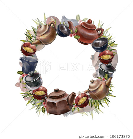 Wreath asian teapot, bowl for tea ceremony isolated on white background. Watercolor hand drawing illustration Art design 106173870