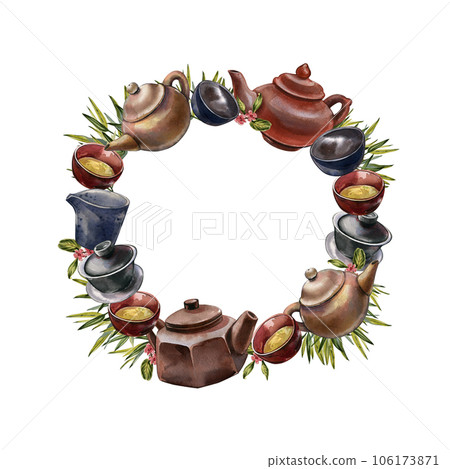 Wreath asian teapot, bowl for tea ceremony isolated on white background. Watercolor hand drawing illustration Art design 106173871
