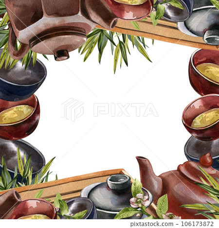 Frame asian teapot, bowl for tea ceremony isolated on white background. Watercolor hand drawing illustration Art design Frame asian teapot, bowl for tea ceremony isolated on white background. Watercolor hand drawing illustration Art design 106173872