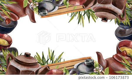 Frame asian teapot, bowl for tea ceremony isolated on white background. Watercolor hand drawing illustration Art design 106173873