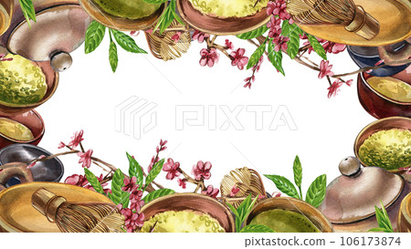 Frame bowl, matcha tea, teapot, whisk, sakura flowers isolated on white. Watercolor hand drawn illustration. Art design 106173874