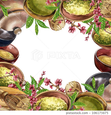 Frame bowl, matcha tea, teapot, whisk, sakura flowers isolated on white. Watercolor hand drawn illustration. Art design Frame bowl, matcha tea, teapot, whisk, sakura flowers isolated on white. Watercolor hand drawn illustration. Art design 106173875