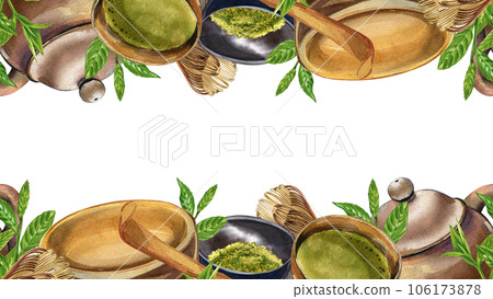 Seamless border bowl, matcha, teapot, whisk, tea plant isolated on white. Watercolor hand drawn illustration. Art design Seamless border bowl, matcha, teapot, whisk, tea plant isolated on white. Watercolor hand drawn illustration. Art design 106173878