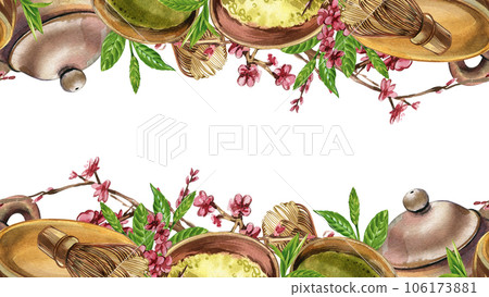 Seamless frame bowl, matcha tea, teapot, whisk, sakura isolated on white. Watercolor hand draw illustration. Art design 106173881