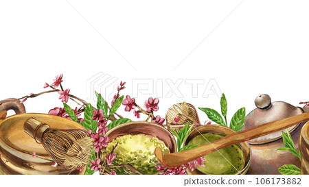 Seamless border bowl, matcha tea, teapot, whisk, sakura isolated on white. Watercolor hand draw illustration. Art design Seamless border bowl, matcha tea, teapot, whisk, sakura isolated on white. Watercolor hand draw illustration. Art design 106173882