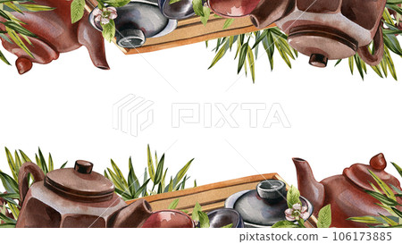 Seamless frame teapot, bowl for tea ceremony isolated on white background. Watercolor hand draw illustration Art design Seamless frame teapot, bowl for tea ceremony isolated on white background. Watercolor hand draw illustration Art design 106173885