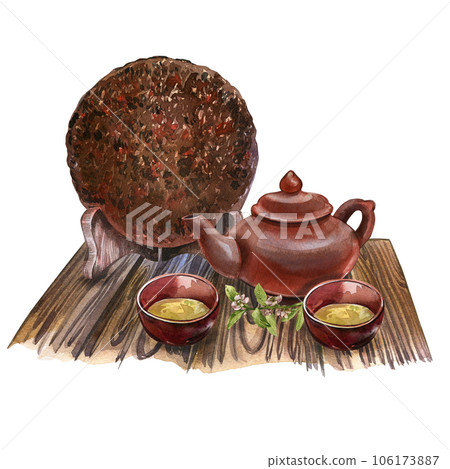 Asian teapot, bowl, puerh tea, tea plant on table isolated on white. Watercolor hand drawn illustration. Art for design Asian teapot, bowl, puerh tea, tea plant on table isolated on white. Watercolor hand drawn illustration. Art for design 106173887