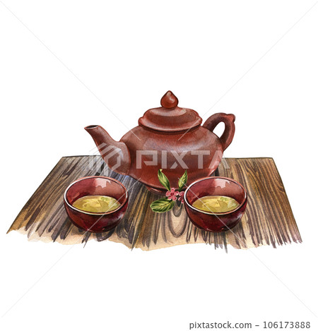 Asian teapot, bowl, tea plant flower on tray table isolated on white. Watercolor hand drawn illustration. Art for design Asian teapot, bowl, tea plant flower on tray table isolated on white. Watercolor hand drawn illustration. Art for design 106173888