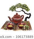Asian teapot, ceramic bowl on table, bonsai tree isolated on white. Watercolor hand drawn illustration. Art for design 106173889