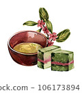 Asian bowl, japanese matcha cake and branch tea plant isolated on white. Watercolor hand drawn illustration. Art design 106173894