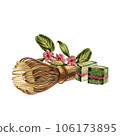 Branch tea plant, pressed tea squares, bamboo whisk isolated on white. Watercolor hand drawing illustration. Art design 106173895