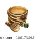 Empty chawan bowl, pressed tea squares, bamboo whisk isolated on white. Watercolor hand drawn illustration. Art design 106173898