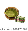 Asian ceramic bowl with tea, japanese matcha cake isolated on white. Watercolor hand drawn illustration. Art for design 106173902