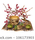 Chawan bowl, heap matcha tea, bamboo spoon, whisk on table, sakura isolated on white. Watercolor hand drawn illustration 106173903