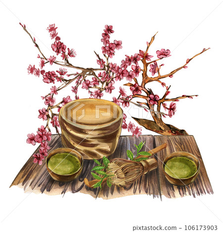 Chawan bowl, heap matcha tea, bamboo spoon, whisk on table, sakura isolated on white. Watercolor hand drawn illustration Chawan bowl, heap matcha tea, bamboo spoon, whisk on table, sakura isolated on white. Watercolor hand drawn illustration 106173903