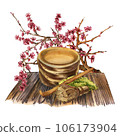 Chawan bowl, heap matcha tea, bamboo spoon, whisk on table, sakura isolated on white. Watercolor hand drawn illustration 106173904