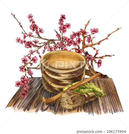 Chawan bowl, heap matcha tea, bamboo spoon, whisk on table, sakura isolated on white. Watercolor hand drawn illustration 106173904