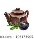 Asian teapot, bowl, branch tea plant isolated on white background. Watercolor hand drawing illustration. Art for design 106173905