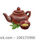 Asian teapot, bowl, branch tea plant isolated on white background. Watercolor hand drawing illustration. Art for design 106173906