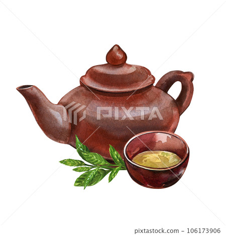 Asian teapot, bowl, branch tea plant isolated on white background. Watercolor hand drawing illustration. Art for design Asian teapot, bowl, branch tea plant isolated on white background. Watercolor hand drawing illustration. Art for design 106173906