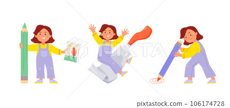 Young Artist girl is drawing doodles on the floor with a big pencil, sitting on a tube of paint, and holding a picture 106174728