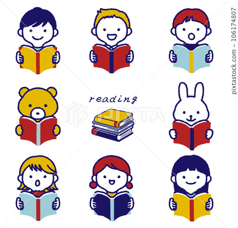 Child and animal icon reading a book 106174807
