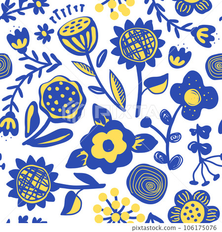 Aesthetic retro flowers in Scandinavian style seamless pattern. Decorative Naive boho background in minimalist style for fabric, wallpaper or wrapping, yellow and blue Aesthetic retro flowers in Scandinavian style seamless pattern. Decorative Naive boho background in minimalist style for fabric, wallpaper or wrapping, yellow and blue 106175076