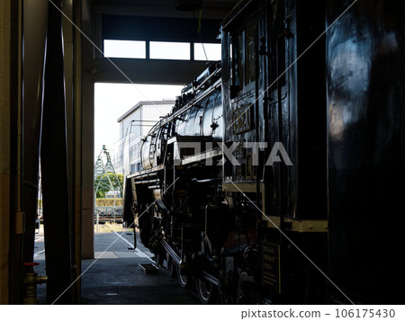 A photograph of a steam locomotive stored in a fan-shaped garage 106175430