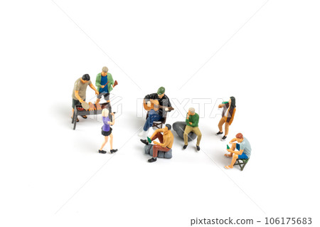 Miniature people are making barbeque, drinking beverages isolated on white background Miniature people are making barbeque, drinking beverages isolated on white background 106175683