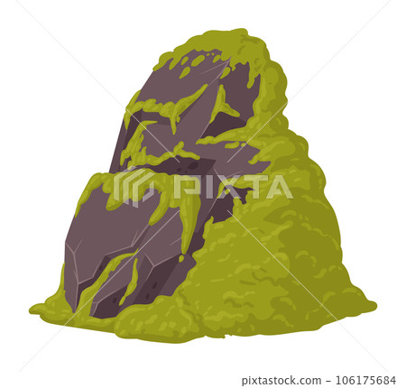 Moss plants grows on rock. Cartoon green creeping moss grows on stone. Moss on grey granite stone flat vector illustration Moss plants grows on rock. Cartoon green creeping moss grows on stone. Moss on grey granite stone flat vector illustration 106175684