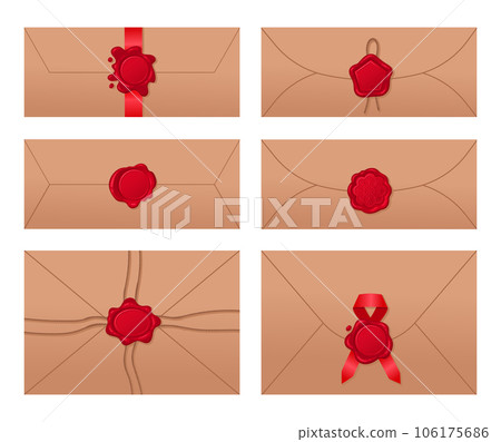 Paper envelopes with wax seals. Cartoon blank envelopes decorated with postage red seal stamps flat vector illustration set. Retro postal letters Paper envelopes with wax seals. Cartoon blank envelopes decorated with postage red seal stamps flat vector illustration set. Retro postal letters 106175686