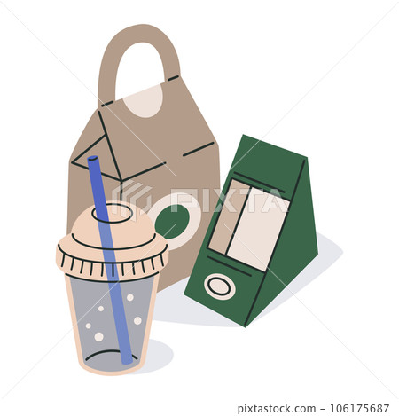 Paper food delivery containers. Fast food delivery disposable packaging. Takeaway paper bag, sandwich box and plastic cup flat vector illustration Paper food delivery containers. Fast food delivery disposable packaging. Takeaway paper bag, sandwich box and plastic cup flat vector illustration 106175687