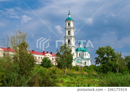 View of the Spassky Cathedral and the city of Yelabuga from the bell tower of the Spassky Cathedral on a sunny spring day. Yelabuga, Tatarstan, Russia 106175919