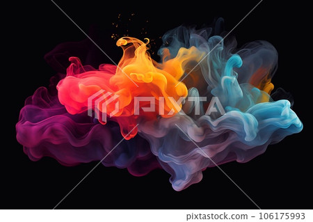 Amazing AI generated illustration of abstract cloud of various colors reflected in glossy surface while exploding on black background Amazing AI generated illustration of abstract cloud of various colors reflected in glossy surface while exploding on black background 106175993