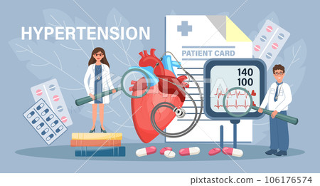 Hypertension for landing page. Doctors report cardiovascular disease. Health care and medicine. Template, banner, vector 106176574